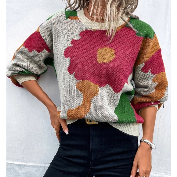 Cozy Floral Print Oversized Sweater Top - Picture 3 of 5